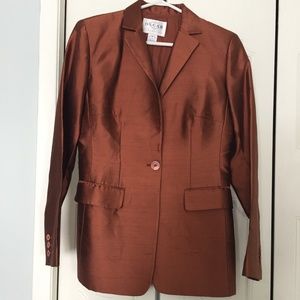 Oscar de la Renta couture bronze silk 2 pc suit, EUC, no flaws; jacket 6/skirt.